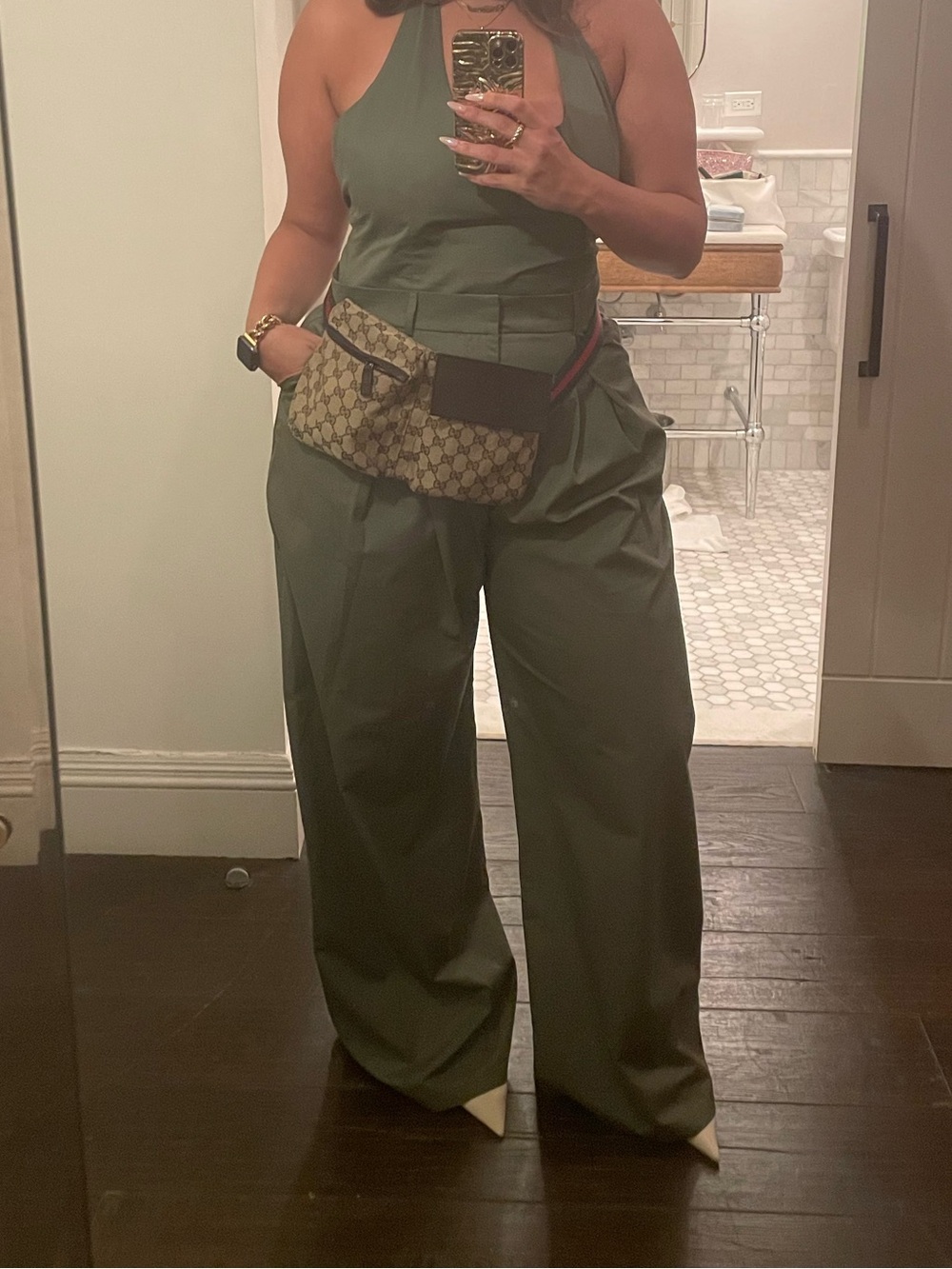 Zara Olive Green Halter-Neck Wide Leg Jumpsuit